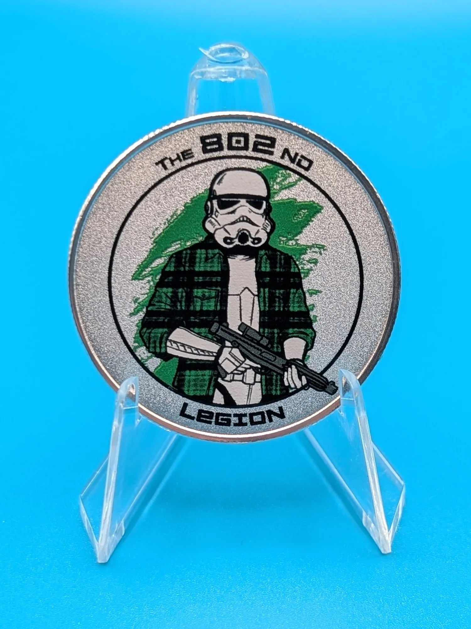UV-printed full-color challenge coin with a flannel-clad stormtrooper.